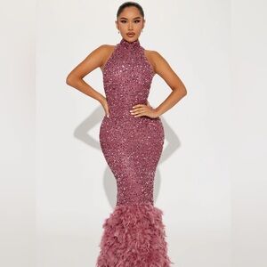 Zoey feathered sequin gown -mauve